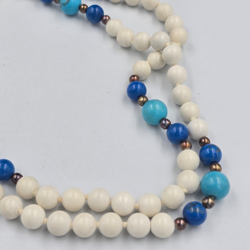 Vintage Beaded Necklace Turquoise Lapis Lazuli Natural White Hetian Nephrite - Picture 12 of 12